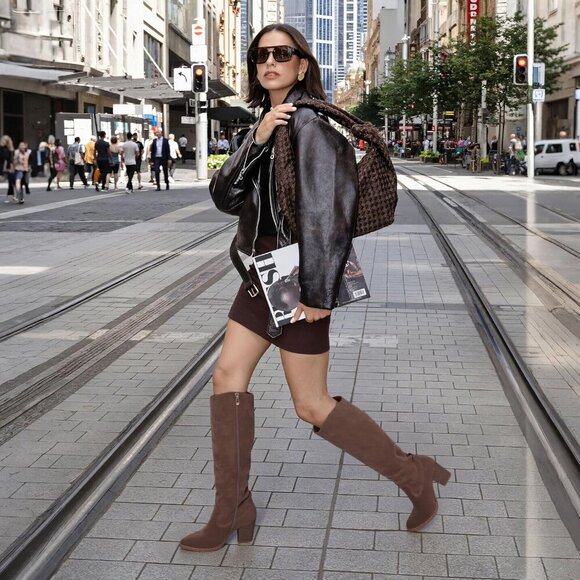 Womens Suede Khaki Side Zipper Knee High Pointed Toe Chunky Heel Tall Boots - Picture 3 of 6